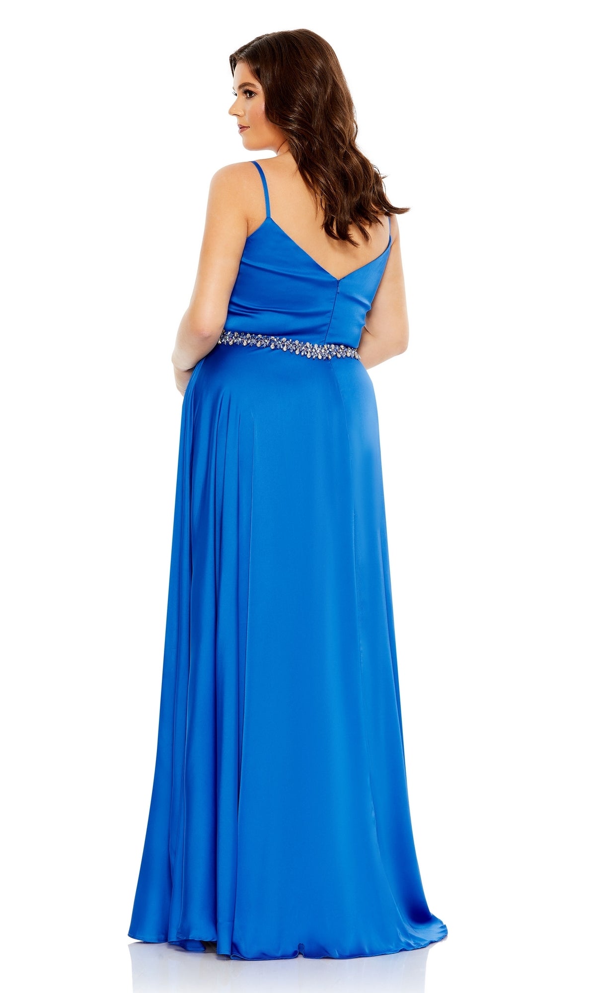 A woman models the Long Plus-Size Formal Dress 49575 by Mac Duggal, a sleeveless floor-length cobalt blue gown with an embellished waistline, shown from the back against a plain white background.